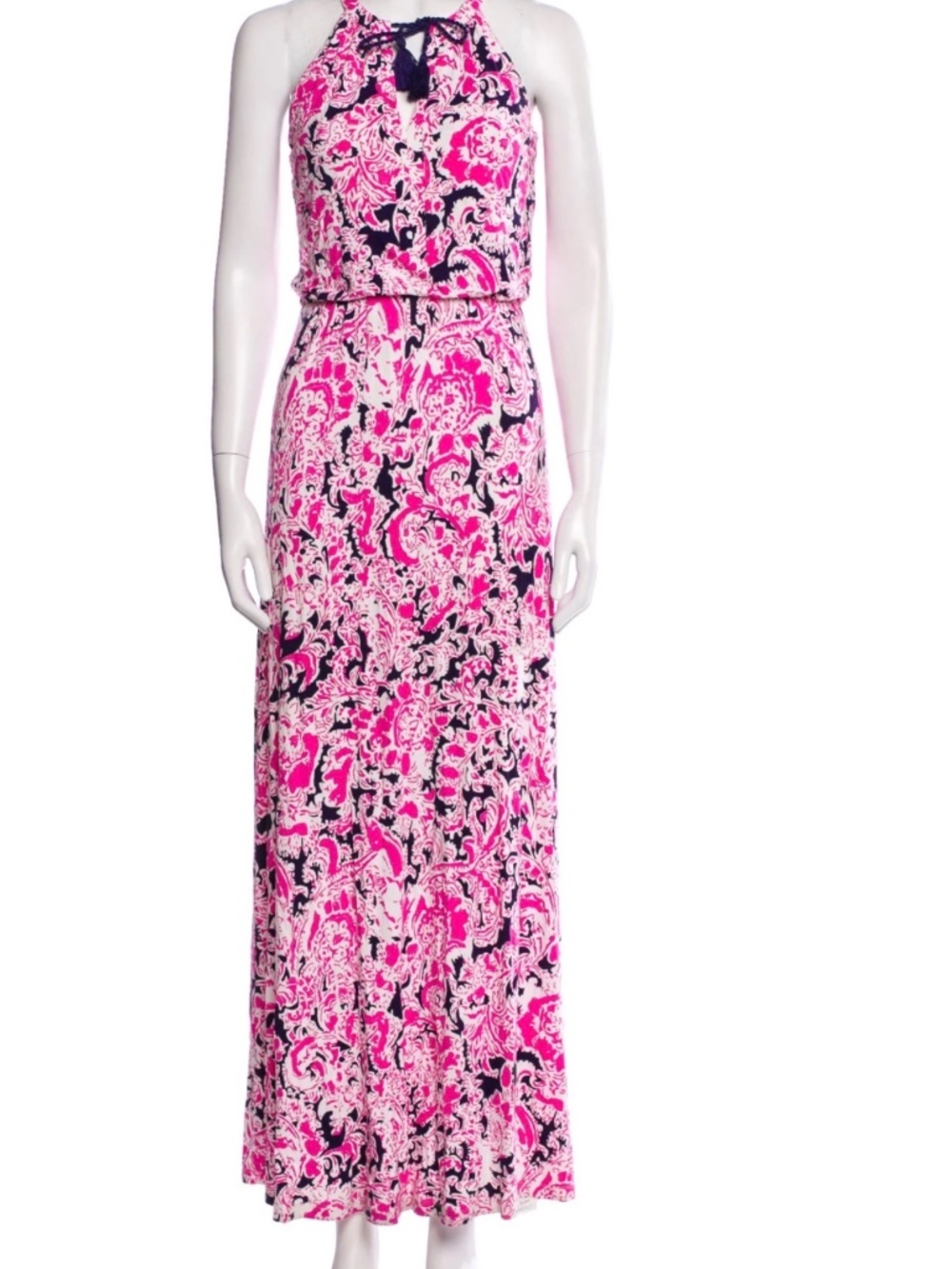 Cynthia Rowley Pink Boho Maxi Dress Size L Sleeveless Tassel Tie Floral Print